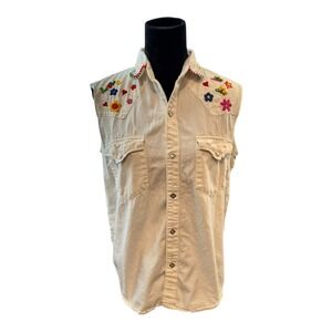 1993 Swan Magic Embroidered Sleeveless Shirt Colorful Floral Button Down Top HTF